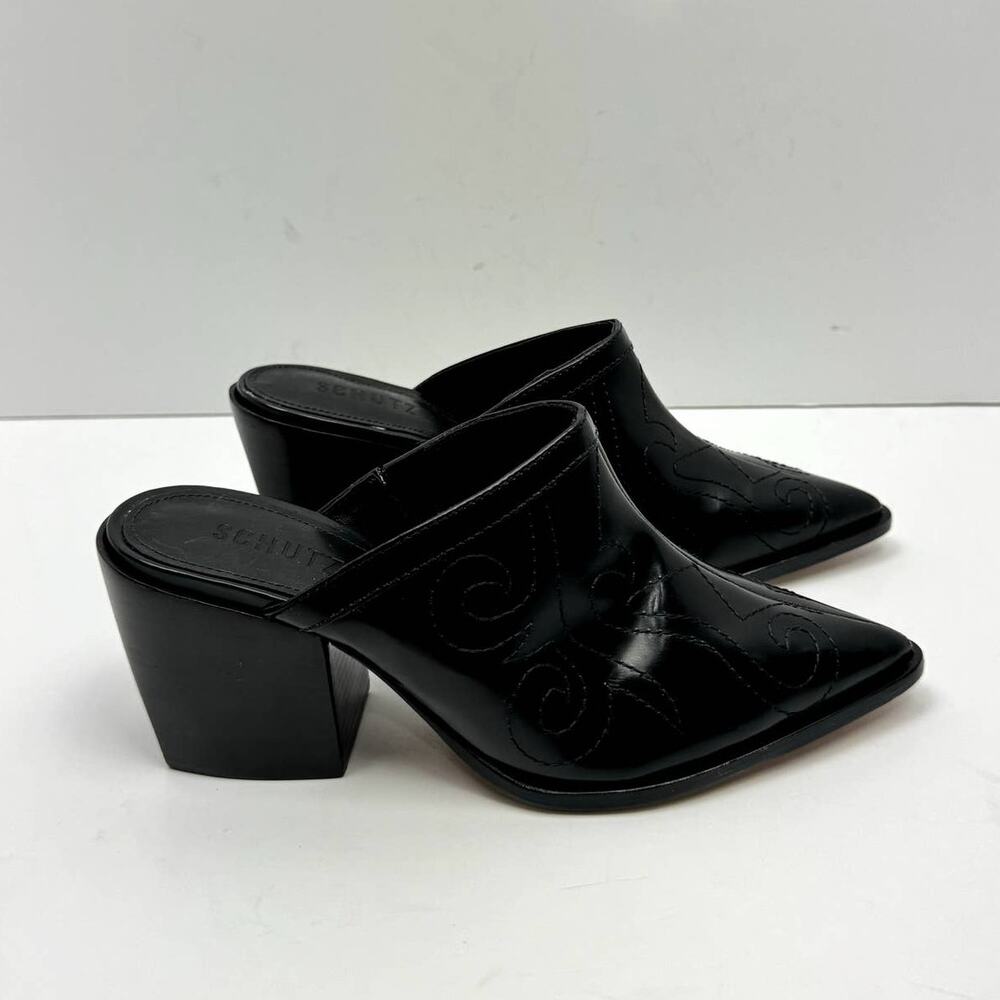 NEW Schutz Zarly Black Leather Western Stitched Slip On Heel Mules - Picture 7 of 13